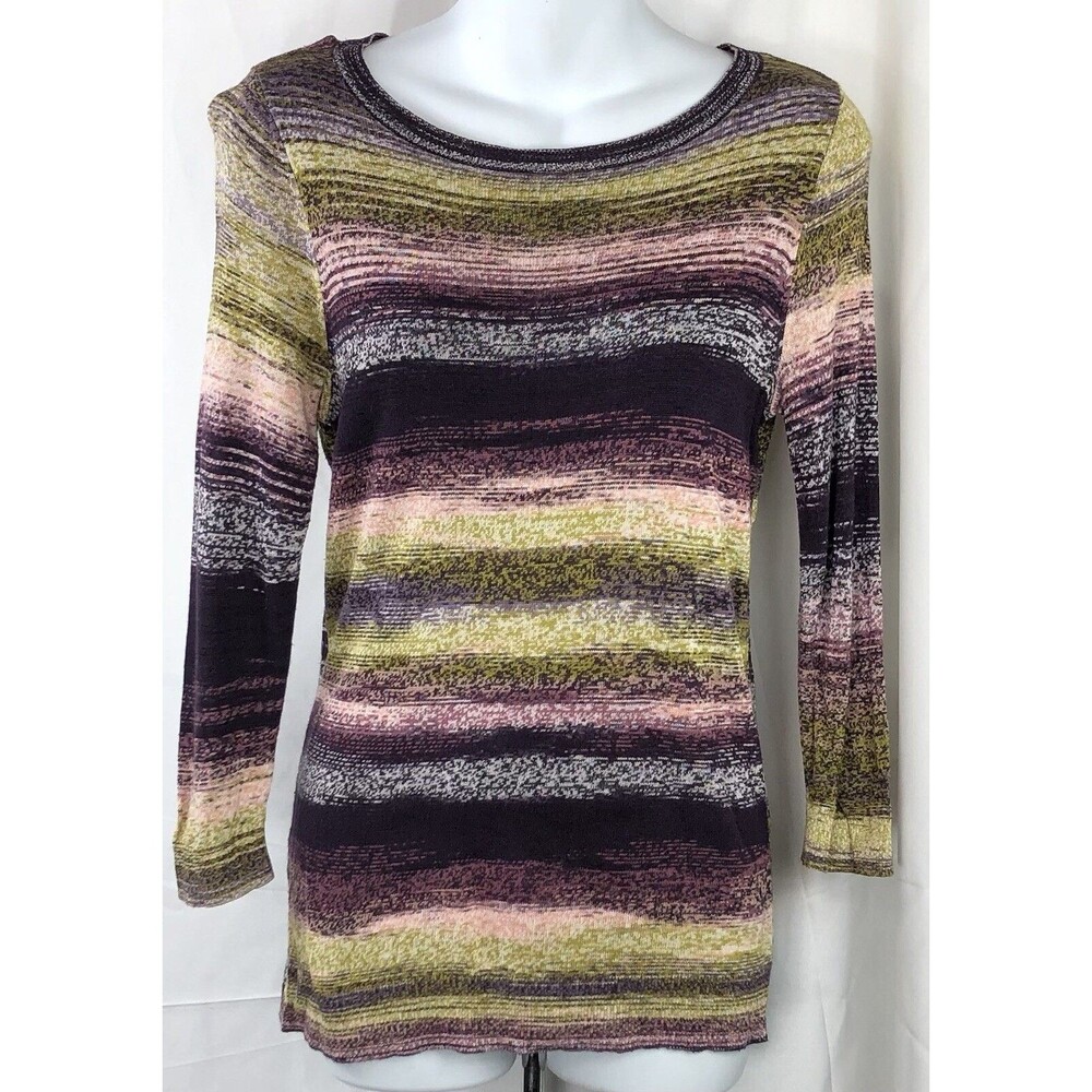 Ann Taylor knit top M Purple green geometric long sleeve hippie retro Bohemian